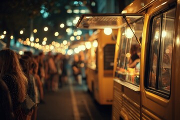 Night market food trucks, people queueing