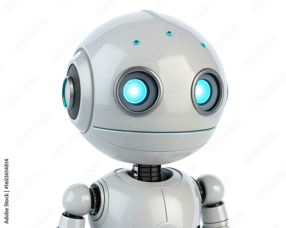 Poster close up of a white robot with glowing blue eyes against a plain white studio background view from t