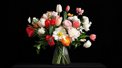 Elegant mixed flower bouquet with vibrant tulips, roses, and daisies in a glass vase against a black backdrop