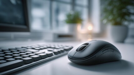 A close-up of a black wireless mouse next to a keyboard on a white desk with blurred indoor plants and soft lighting in the background.