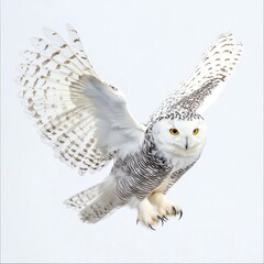 Snowy Owl in Flight Against White Background