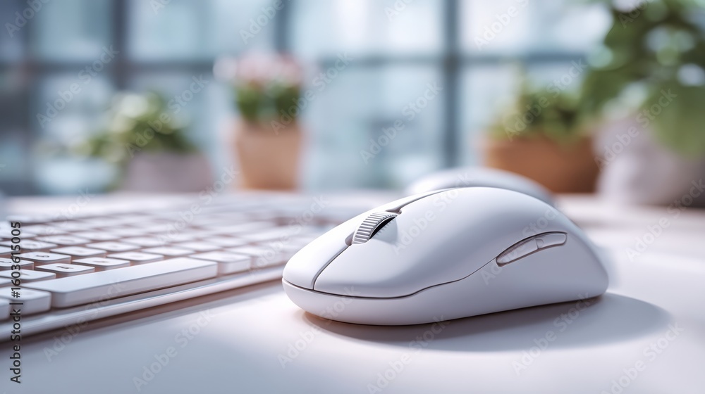 Poster a sleek white wireless computer mouse sits beside a keyboard on a clean desk with blurred plants and