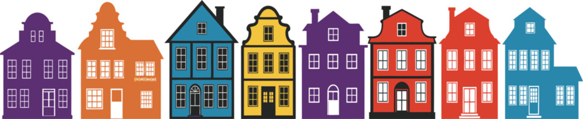 Vibrant row of colorful, stylized houses creating a lively, modern urban streetscape.
