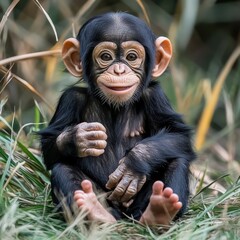 Adorable Baby Chimpanzee Sitting in Grass