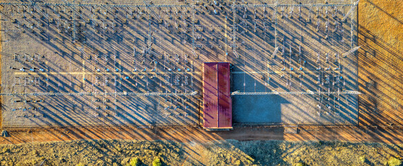 aerial view electric substation, pylon power line high voltage, electrical transmission field, electrical transmission field,