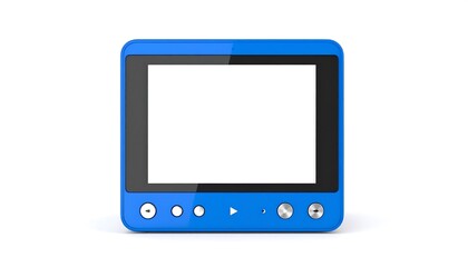 A bright blue rectangular device with a blank screen and control buttons