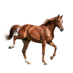 Obraz premium A magnificent chestnut horse with a white blaze and socks is captured in mid trot, showcasing its muscular form and dynamic movement.