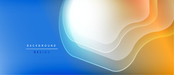Abstract background features flowing shapes, gradients. Blue transitions to orange, white accents present. Minimalist design, modern aesthetic.