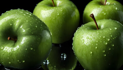 A crisp green apple glistening with water droplets on a dark background—ideal for healthy food branding, packaging, diet campaigns, or premium product advertisements
