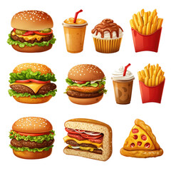 Fast food items, burgers, fries, drinks, cupcake, pizza