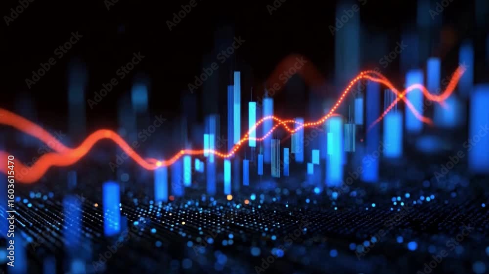 Poster financial visualization: a dynamic 3d render depicts intricate data streams, showcasing growth with 