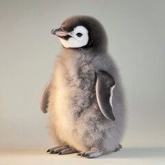 Fluffy Baby Penguin Chick on Light Grey Background
