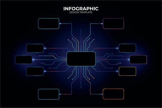 Colourful scheme template for process flow diagram AI. Glowing infographic design with thin lines for web interface infographic, business site report. Tech, futuristic. Selection, choice. Modern