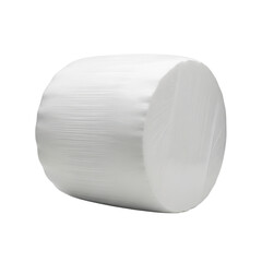 A large cylindrical bale of hay or silage, tightly wrapped in white plastic film, ready for storage or transport. Essential for modern farm operations.