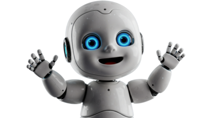 Friendly baby robot waving hello with bright blue eyes and smiling face, perfect for tech concepts.