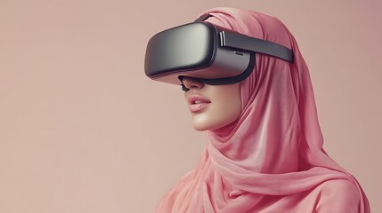 Hijab woman wearing virtual reality goggles. Future technology concept.