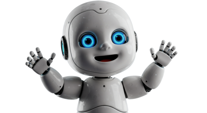 Friendly baby robot waving hello with bright blue eyes and smiling face, perfect for tech concepts.