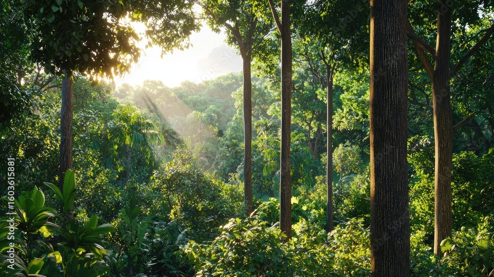 Poster lush green forest with sunlight filtering through trees and dense foliage in a tranquil natural envi