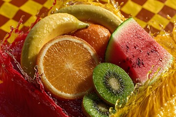 Vibrant fruit slices in a splash of juice