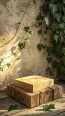 Wooden Display Platform with Ivy and Rustic Background
