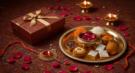 Naklejka premium Raksha Bandhan Festive Spread: Traditional Sweets, Rakhi, Gifts, and Diyas