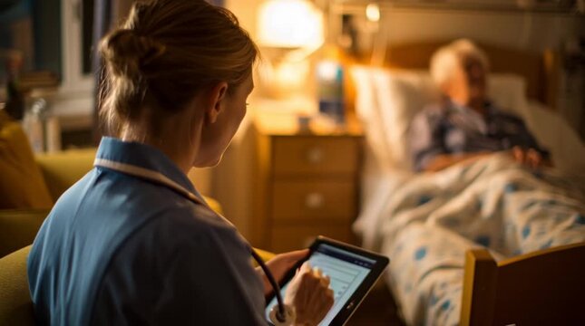 Nurse Documenting Incident Report Beside Resting Patient in Hospital Room