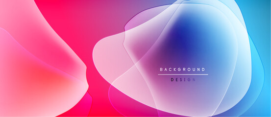 Abstract fluid shapes blend vibrant pinks, blues, purples. Soft gradients create dynamic background design. Minimal text present.