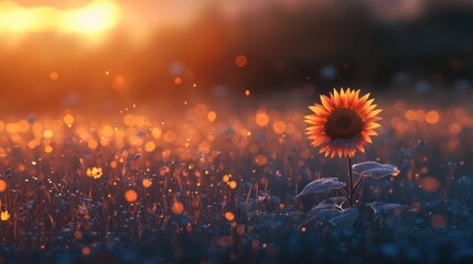Obraz premium Beautiful sunflower in warm sunset light in summer meadow. Calm tranquil moment in countryside. Sunflower growing in evening field