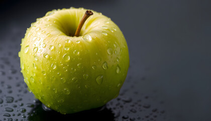 A crisp green apple glistening with water droplets on a dark background—ideal for healthy food branding, packaging, diet campaigns, or premium product advertisements