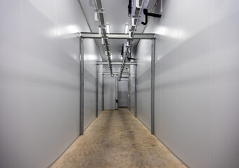 abattoir butcher factory, Engineered cold storage and freezer storage buildings ,Storage Systems for the Double-Rail in passage hallway, no people