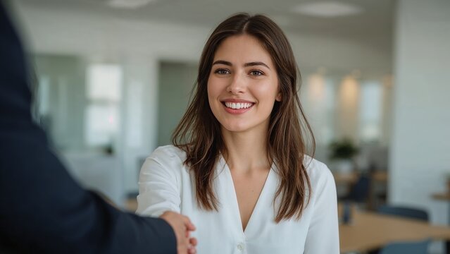 Portrait of a smiling young businesswoman shaking hands with a business partner, sealing a successful deal or a new partnership agreement.