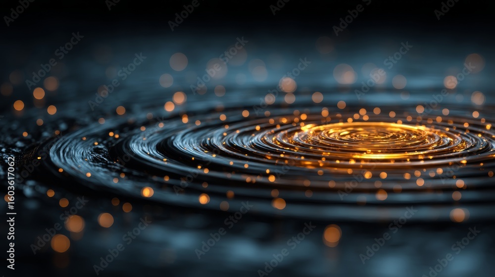 Poster close-up of rippling water with glowing, golden light reflections creating a mesmerizing, circular p