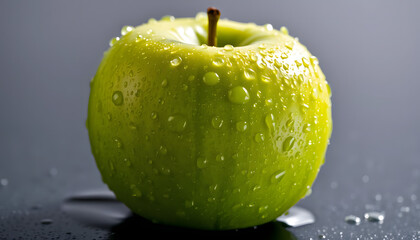 A crisp green apple glistening with water droplets on a dark background—ideal for healthy food branding, packaging, diet campaigns, or premium product advertisements