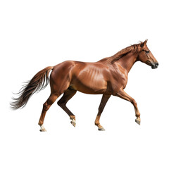 Obraz premium A beautiful brown horse gracefully trots across the frame, its muscular body and flowing tail highlighted. Ideal for equestrian themes, nature, or animal related designs.