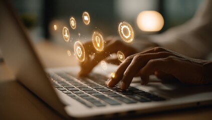 Close-up of hands typing on a laptop with glowing digital icons emanating from the keyboard, suggesting technological innovation and digital interaction