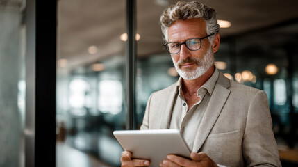Busy mature older business man executive standing in office using digital tablet. Middle aged professional businessman corporate manager wearing suit 