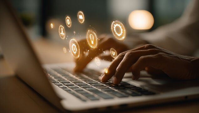 Close-up of hands typing on a laptop with glowing digital icons emanating from the keyboard, suggesting technological innovation and digital interaction