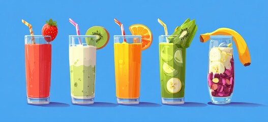 Colorful illustration of five refreshing fruit smoothies in tall glasses, each with unique fruit combinations and garnishes, displayed against a vibrant blue backdrop