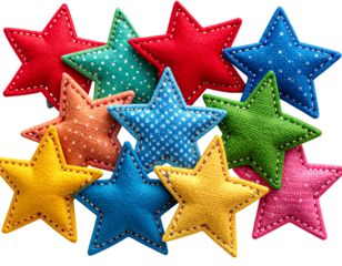  Cluster of Multicolored Fabric Star Patches with Textured Stitching on Transparent Background
