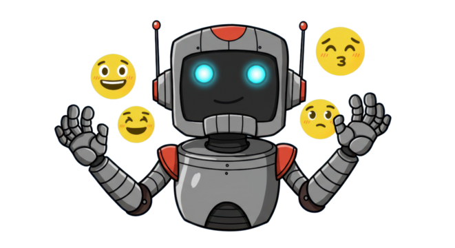 Friendly robot with glowing eyes juggles various happy and sad emojis expressing diverse emotions