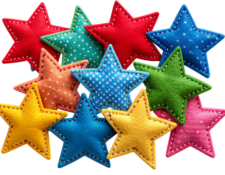  Cluster of Multicolored Fabric Star Patches with Textured Stitching on Transparent Background - Powered by Adobe