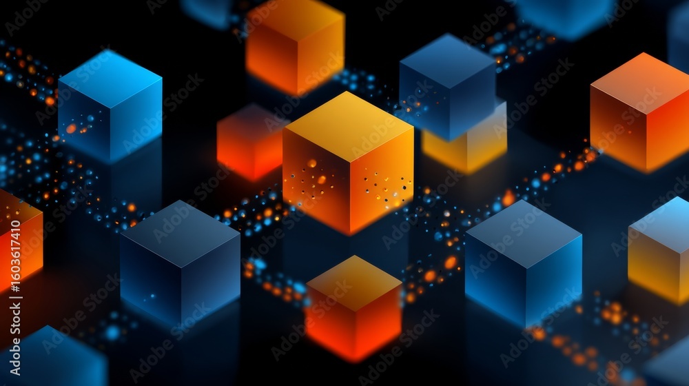 Poster a digital illustration of interconnected glowing blue and orange cubes representing blockchain or da