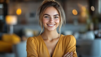 A smiling woman in a cozy indoor setting, exuding warmth and positivity.