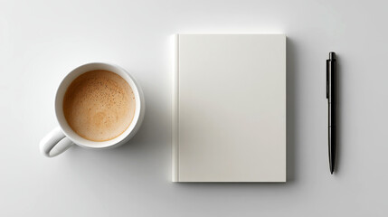 up of coffee on a table with a book and pen