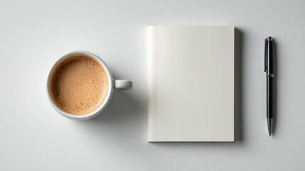 up of coffee on a table with a book and pen