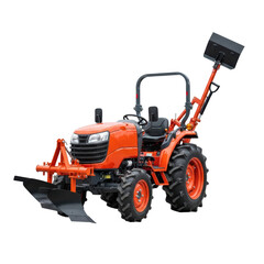 Obraz premium Bright orange compact utility tractor equipped with a front plow and a rear bucket attachment, ready for various agricultural or landscaping tasks.