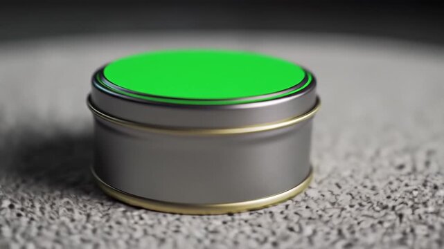 A small, round, metal tin with a bright green, blank surface, perfect for product placement or customization, presented on a textured background.