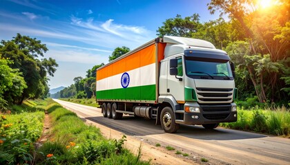 Indian flag adorned truck driving along a scenic highway under a bright blue sky