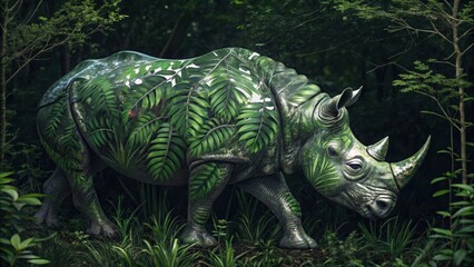 Artistic rhino sculpture covered in lush green foliage isolated on white background