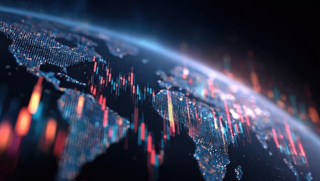 A digital rendering of Earth, overlaid with vibrant red and blue candlestick charts - Powered by Adobe